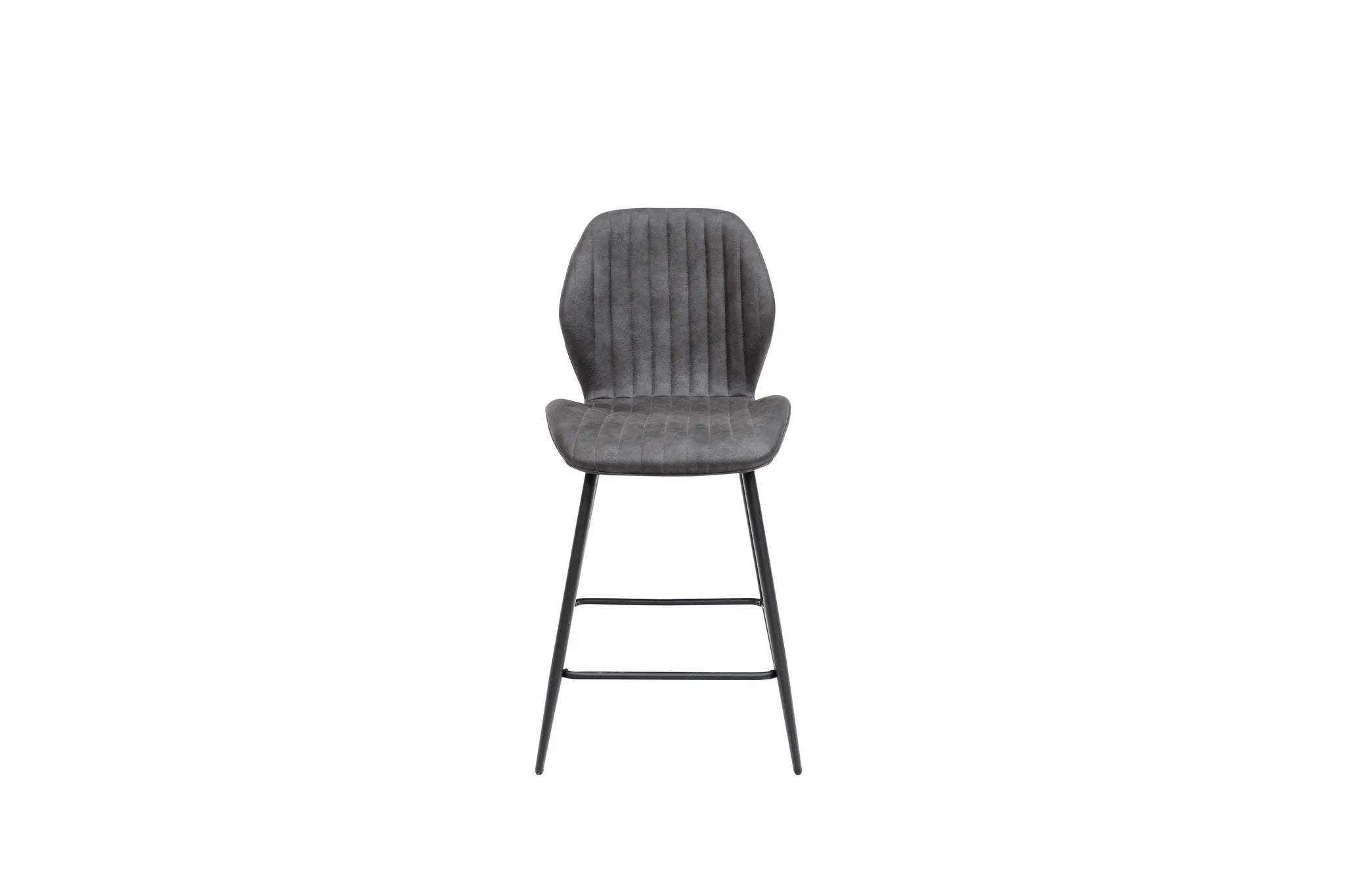 A modern bar stool with a textured gray upholstered seat and ribbed backrest, supported by slim black metal legs, shown against a plain white background.