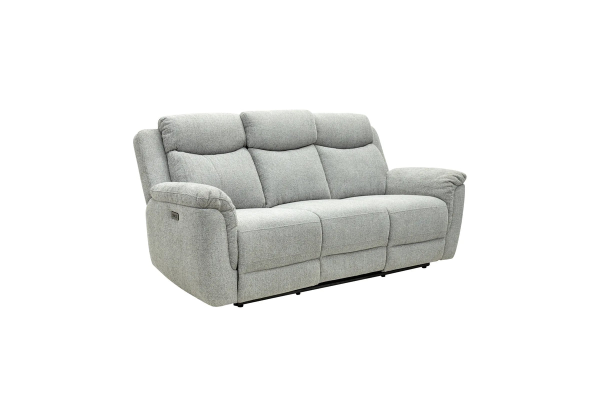 A light gray upholstered reclining loveseat sofa with segmented back cushions and padded armrests, shown on a plain white background.