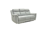 A light gray upholstered reclining loveseat sofa with segmented back cushions and padded armrests, shown on a plain white background.