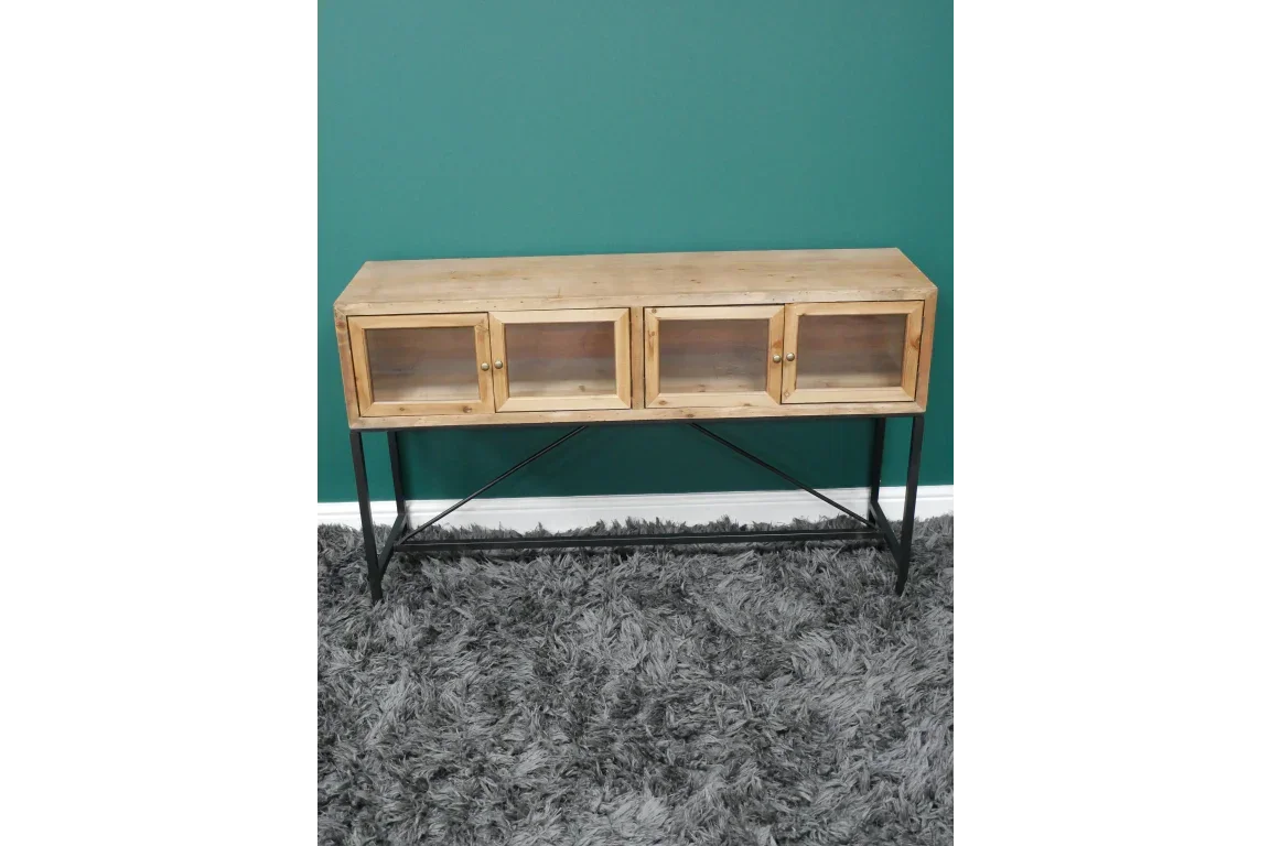 Industrial console table with three glass doors, black metal frame, and wooden top