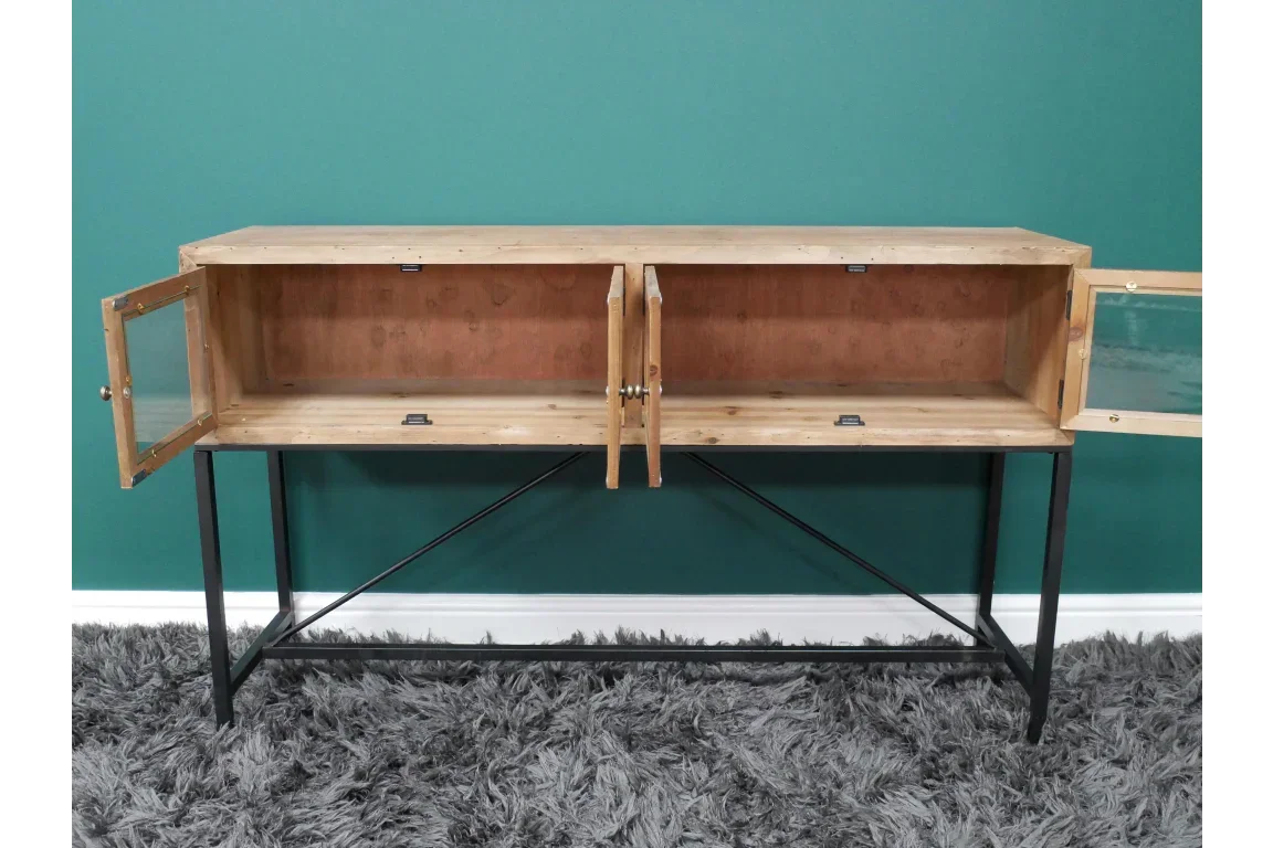 Industrial wood sideboard with metal legs and glass doors open, shown on grey rug
