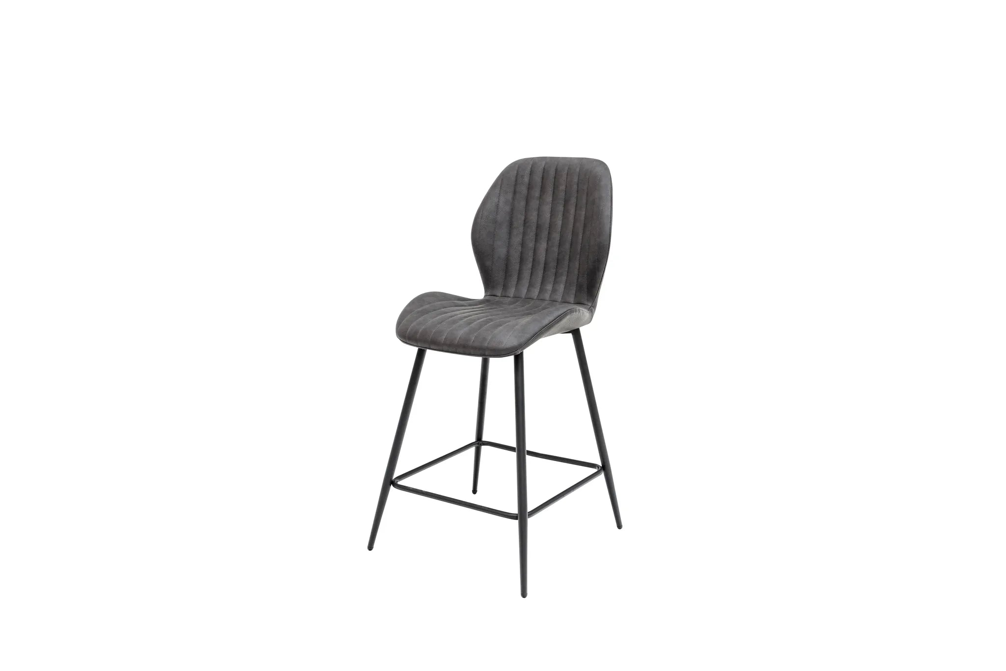 A modern bar stool with a dark gray ribbed velvet upholstered seat and backrest, supported by a slim black metal frame with a footrest, shown against a plain white background.