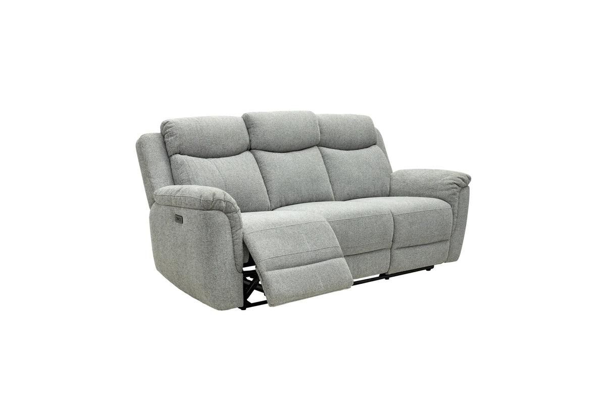 A light gray upholstered reclining loveseat with the right armrest extended, shown on a plain white background.