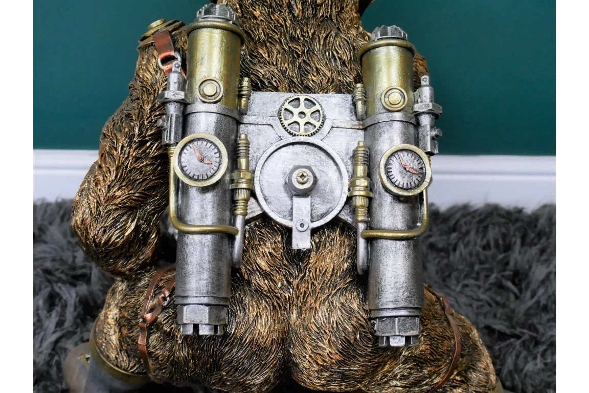 steampunk bear figurine with metallic jetpack detail on fuzzy textured fur