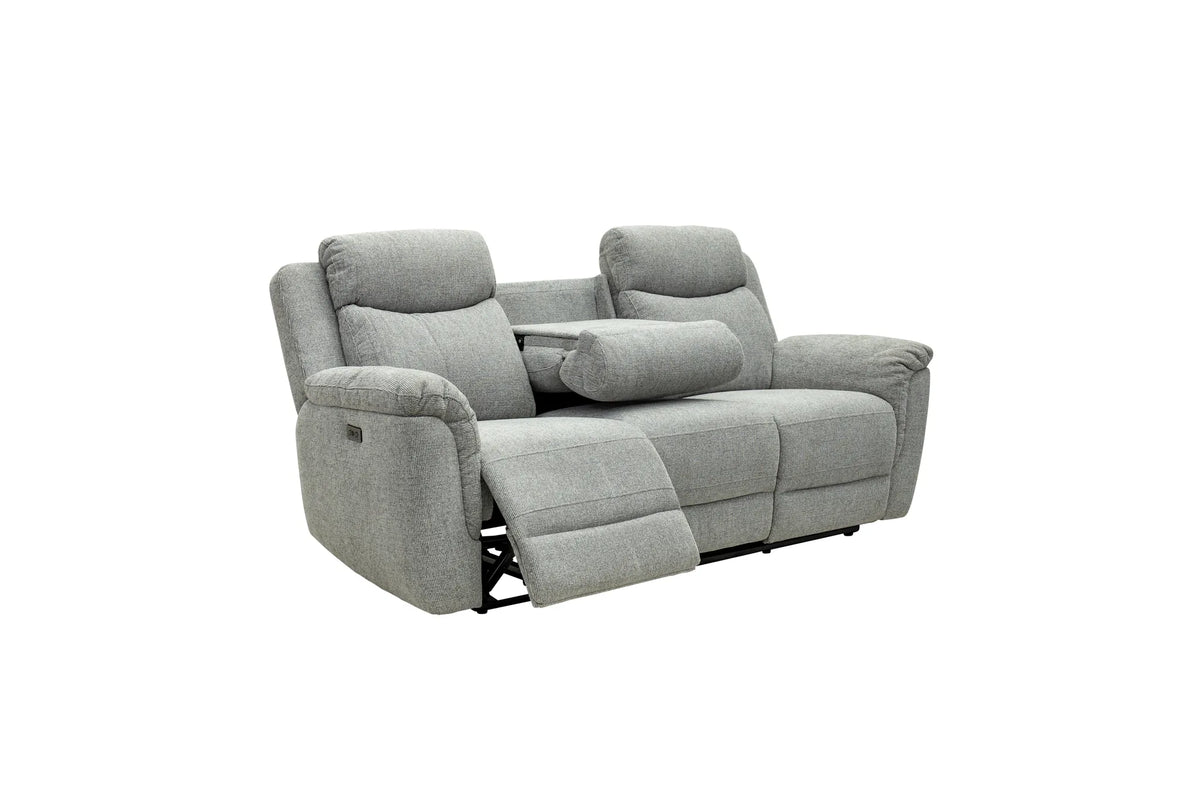 A light gray fabric reclining loveseat with two back cushions, a center console table, and an extended footrest, shown on a plain white background.