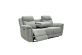 A light gray fabric reclining loveseat with two back cushions, a center console table, and an extended footrest, shown on a plain white background.
