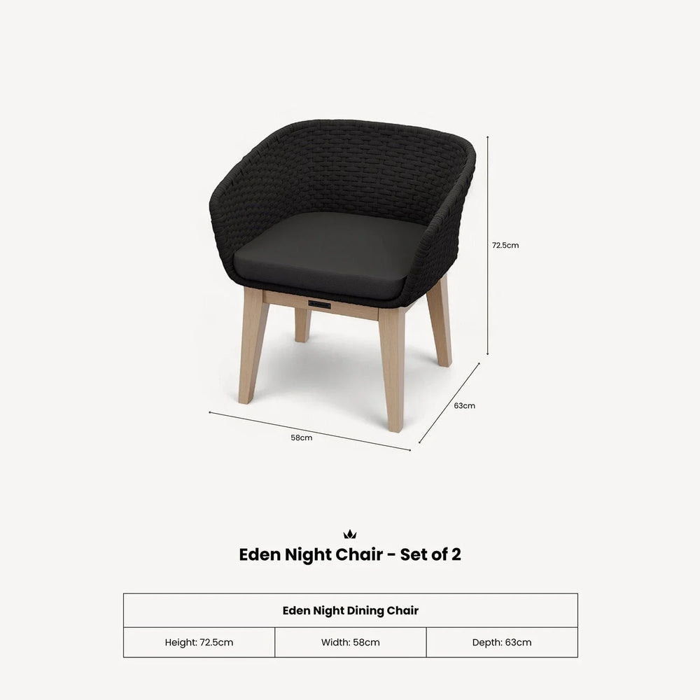 Eden Night dining chair with black woven backrest, cushioned seat and light wood legs