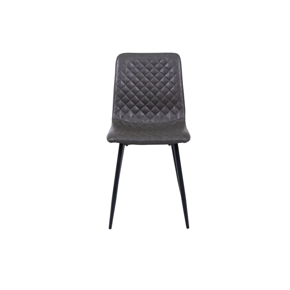 Grey dining chair with quilted seat and black metal legs, front view on white background