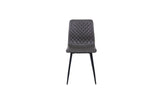 Grey dining chair with quilted seat and black metal legs, front view on white background