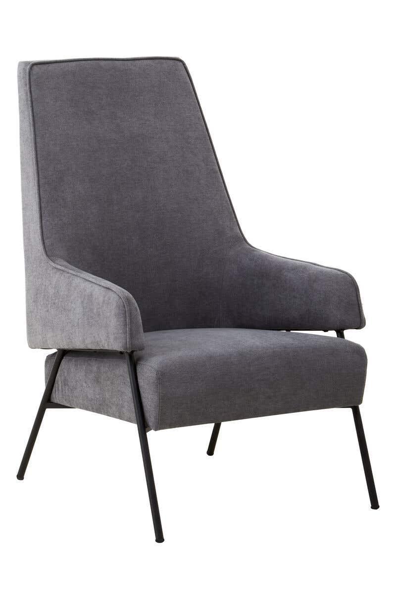 Modern grey fabric accent chair with high back and slim metal legs