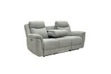 A light gray fabric reclining loveseat with two back cushions, wide armrests, and a center console table, shown on a plain white background.