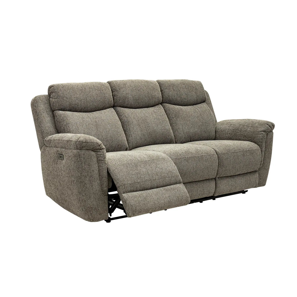 A three-seat power reclining loveseat sofa upholstered in textured taupe-gray fabric, shown with the front left cushion extended on a plain white background.