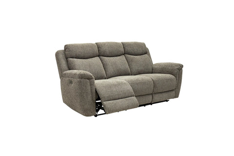 A three-seat power reclining loveseat sofa upholstered in textured taupe-gray fabric, shown with the front left cushion extended on a plain white background.