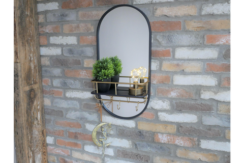 Oval wall mirror with black frame and brass shelf with hooks, decorated with two small plants and light bulbs.