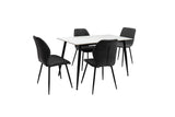 Modern dining table set with white top and four black upholstered chairs on black metal legs