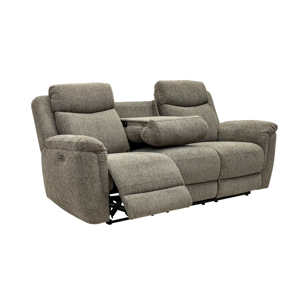 A gray upholstered reclining loveseat with a center console table and two separate seat cushions, shown on a plain white background.