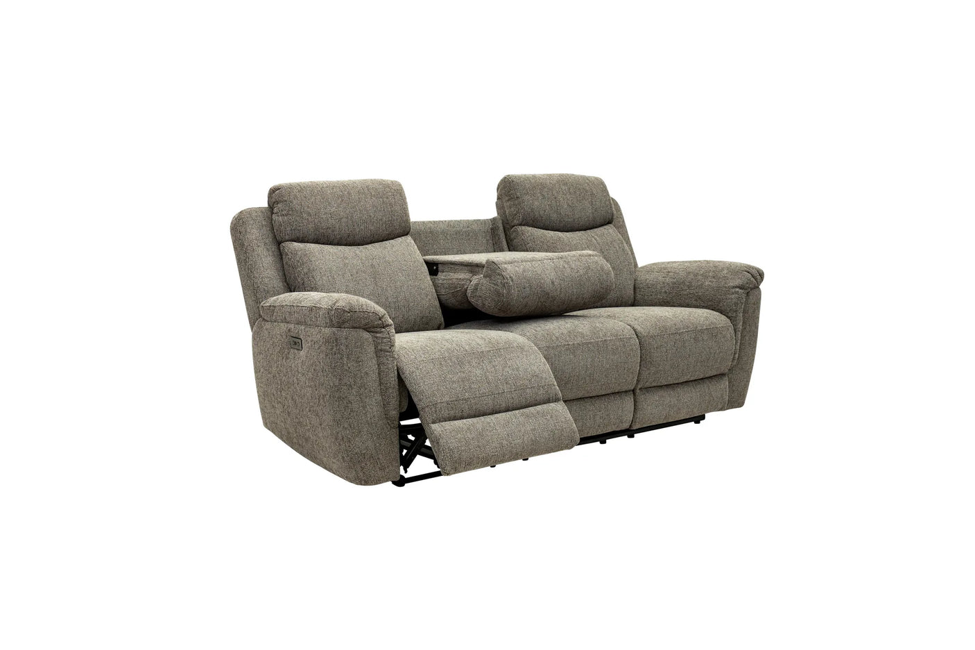 A gray upholstered reclining loveseat with a center console table and two separate seat cushions, shown on a plain white background.
