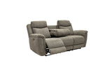 A gray upholstered reclining loveseat with a center console table and two separate seat cushions, shown on a plain white background.