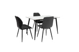 Modern dining table with white top and three black upholstered chairs on black metal legs