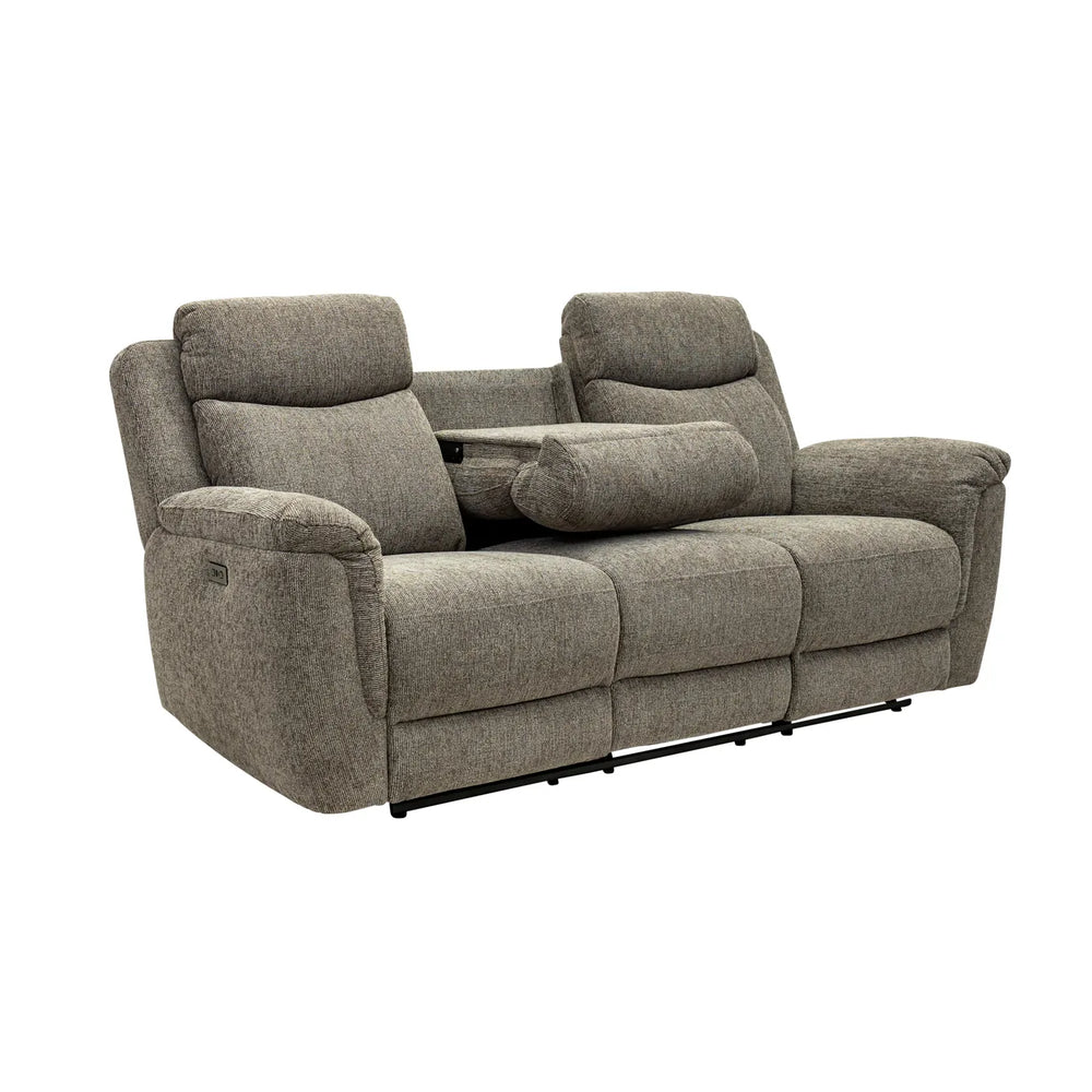 A gray upholstered reclining loveseat with two backrests, a center console table, and a matching cylindrical throw pillow, shown on a plain white background.