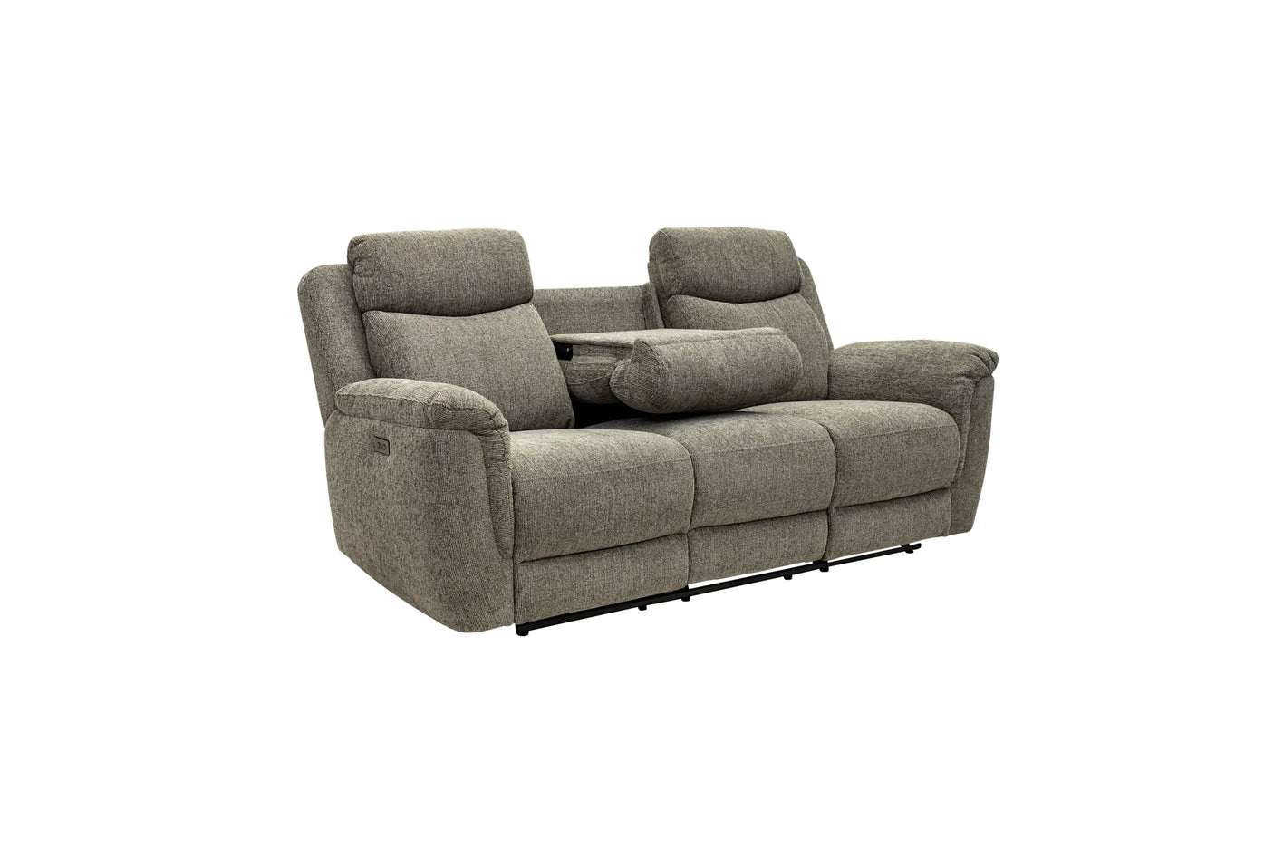 A gray upholstered reclining loveseat with two backrests, a center console table, and a matching cylindrical throw pillow, shown on a plain white background.
