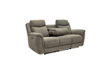 A gray upholstered reclining loveseat with two backrests, a center console table, and a matching cylindrical throw pillow, shown on a plain white background.
