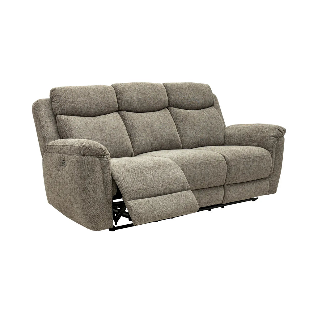 A three-seat power reclining loveseat sofa upholstered in textured taupe fabric, shown with the left armrest extended, on a solid white background.