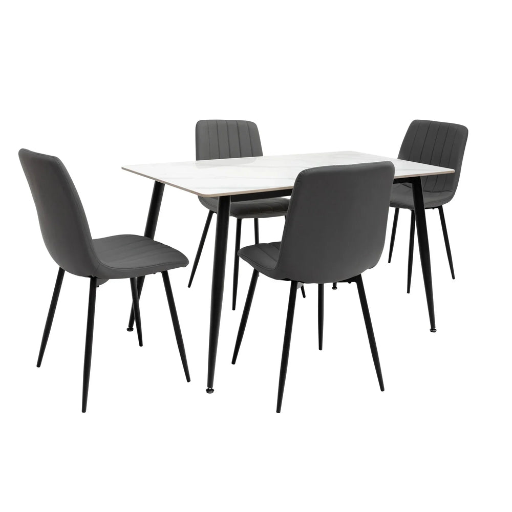 Modern dining table with marble effect top and four grey upholstered chairs