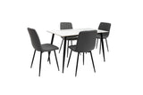 Modern dining table with marble effect top and four grey upholstered chairs