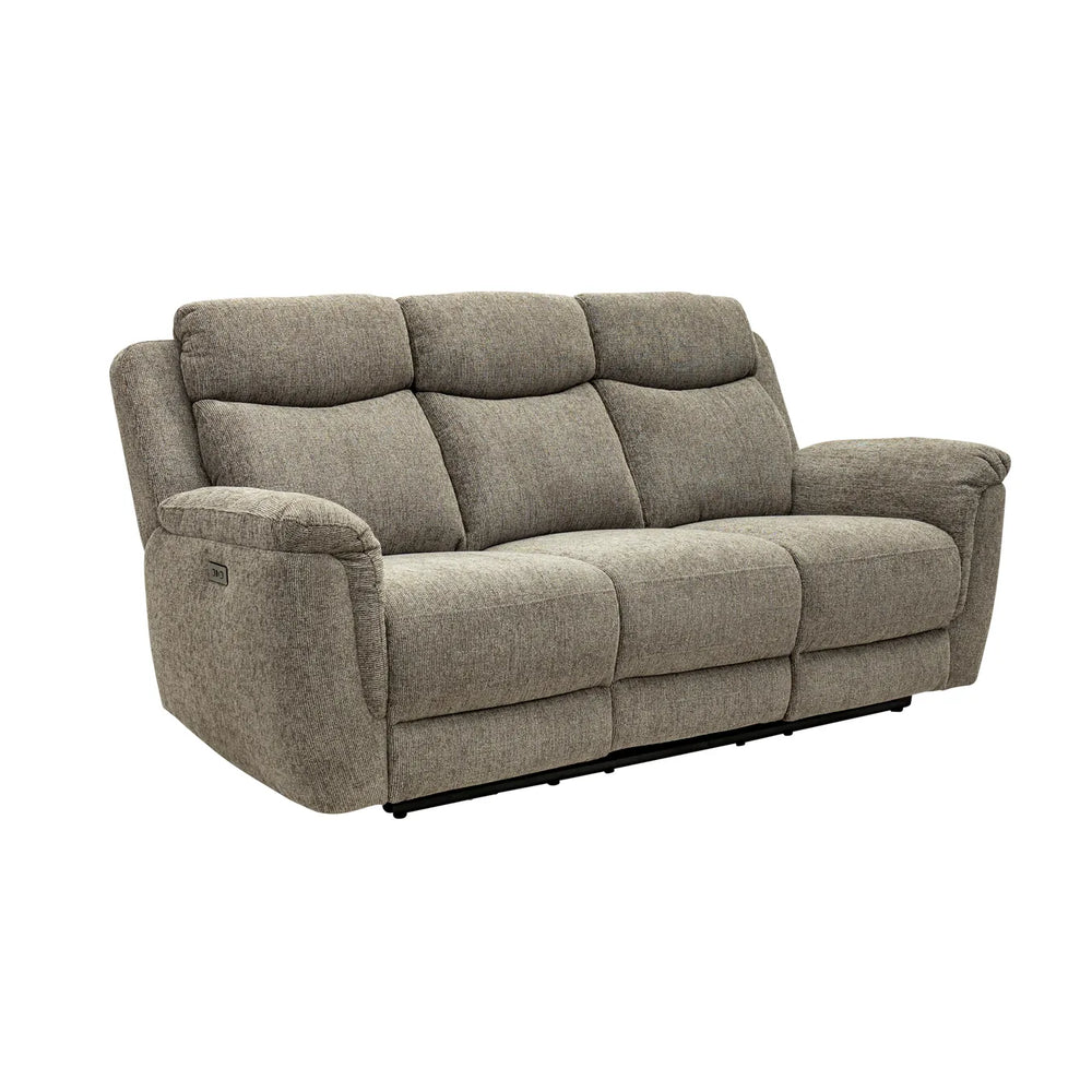 A three-seat upholstered reclining loveseat sofa in a textured taupe-gray fabric, shown from a three-quarter angle against a plain white background.