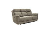 A three-seat upholstered reclining loveseat sofa in a textured taupe-gray fabric, shown from a three-quarter angle against a plain white background.