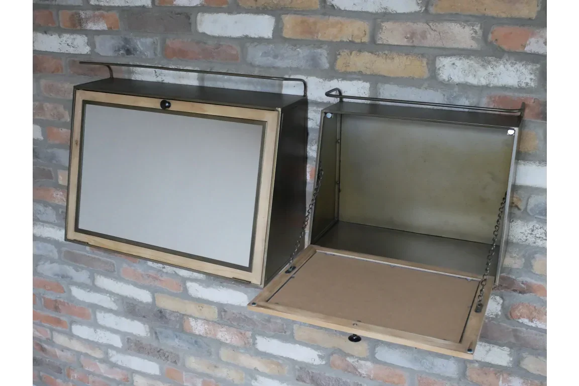 Metal wall-mounted storage cabinet with drop-down wooden door, shown open and closed