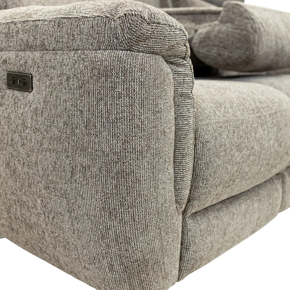 Close-up of a gray textured recliner sofa showing the armrest, side panel, and part of the seat cushion against a white background.