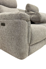 Close-up of a gray textured recliner sofa showing the armrest, side panel, and part of the seat cushion against a white background.