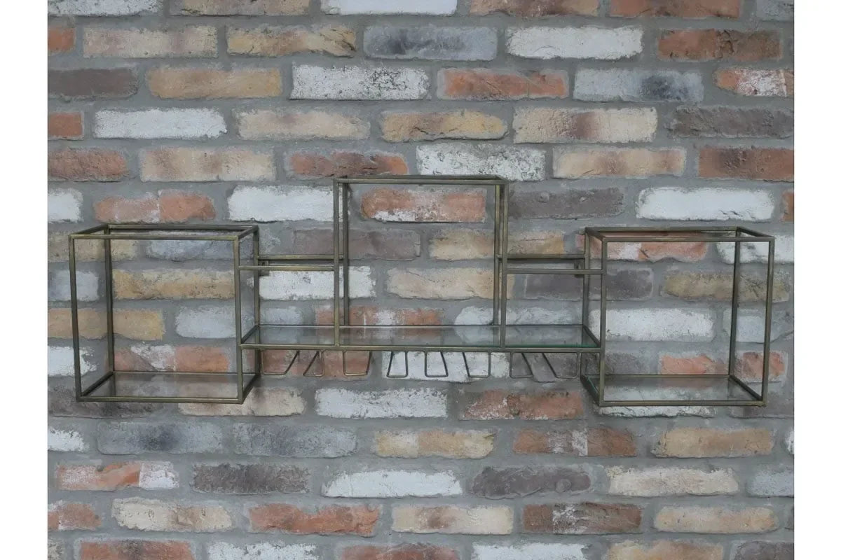 Industrial metal and glass wall shelf unit with wine rack on exposed brick wall