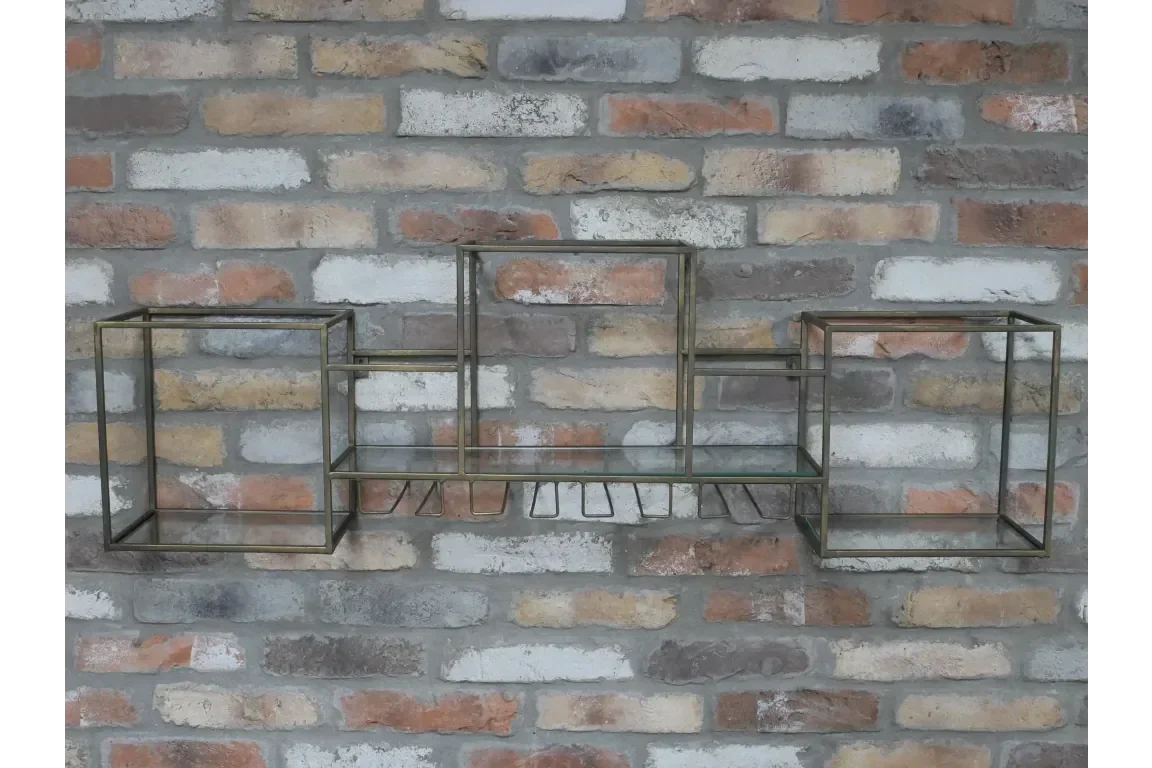 Metal wall shelf unit with glass shelves and geometric cubes mounted on brick wall