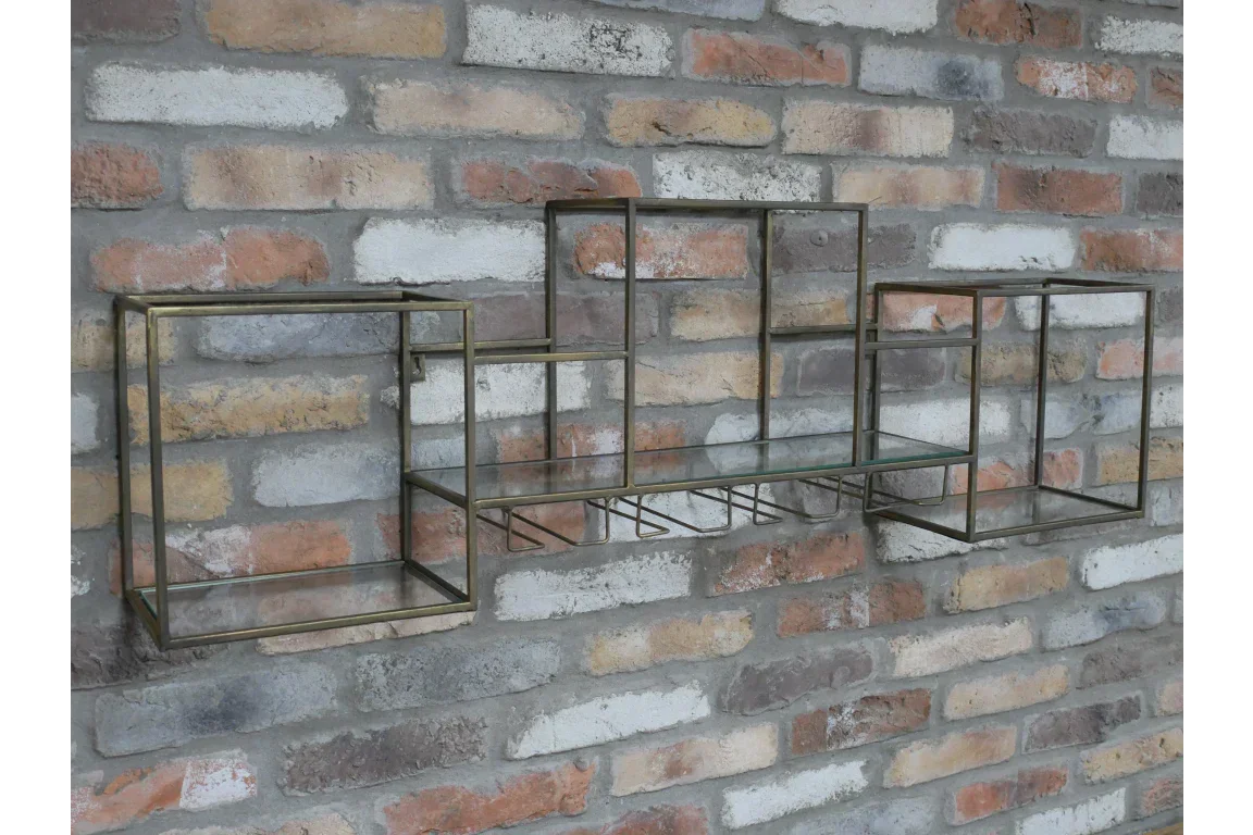 Metal and glass wall shelf with geometric cube design mounted on exposed brick wall