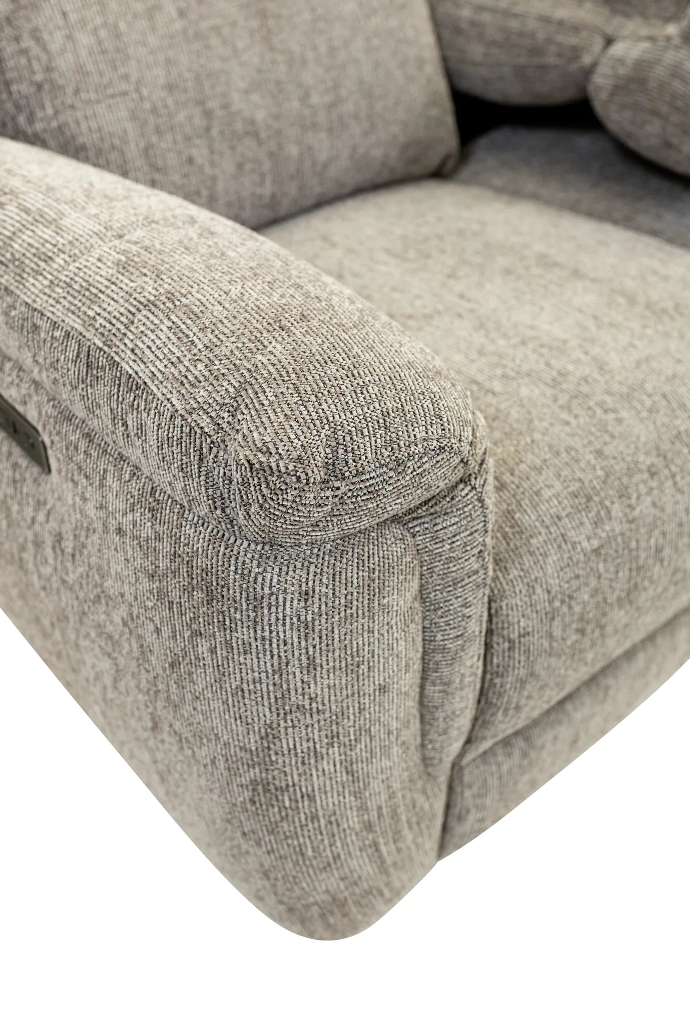 Close-up of a light gray textured fabric recliner chair showing the armrest, seat cushion, and upholstery detail on a white background.