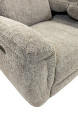 Close-up of a light gray textured fabric recliner chair showing the armrest, seat cushion, and upholstery detail on a white background.