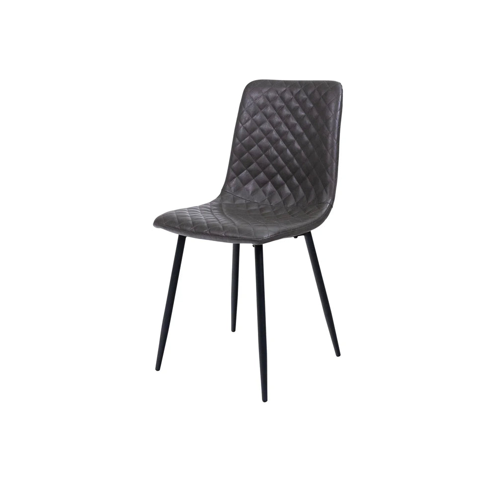 Grey quilted dining chair with metal legs and modern design