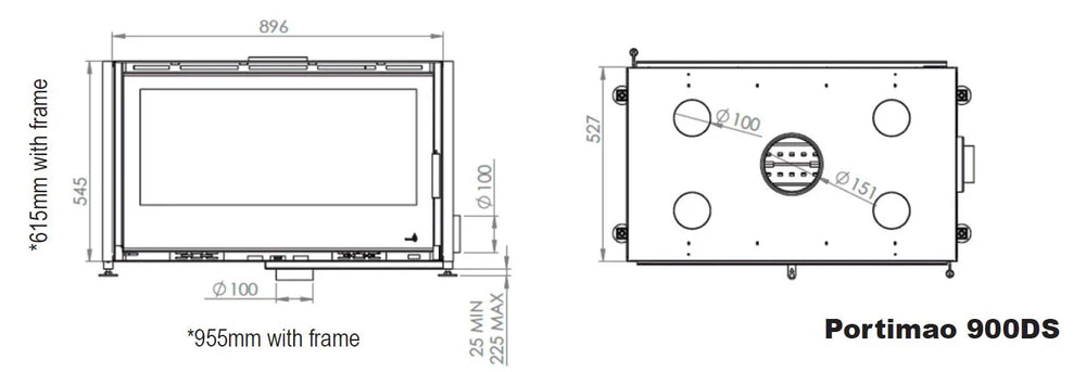 Portimao 900 Double Side 8kW Wood Burning (Eco) - Technical Drawing