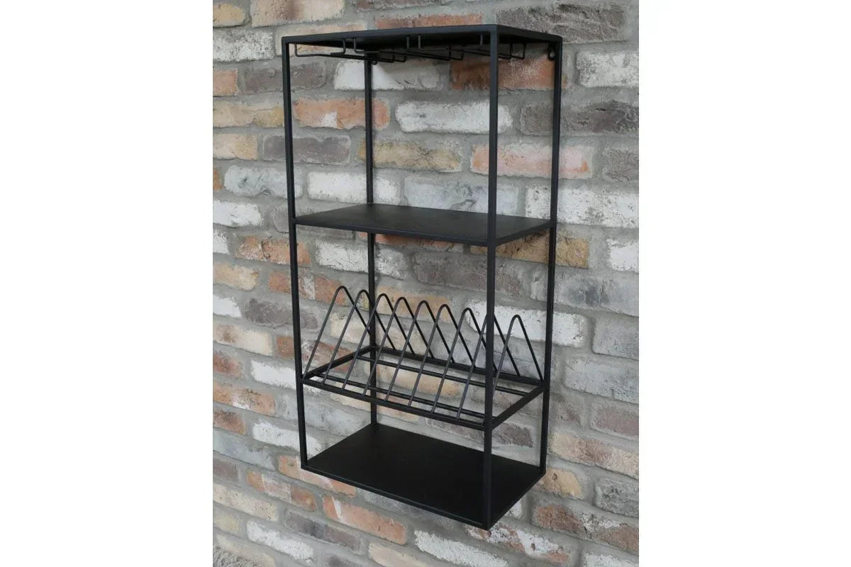 Wall mounted black metal shelving unit with three shelves and wine rack section