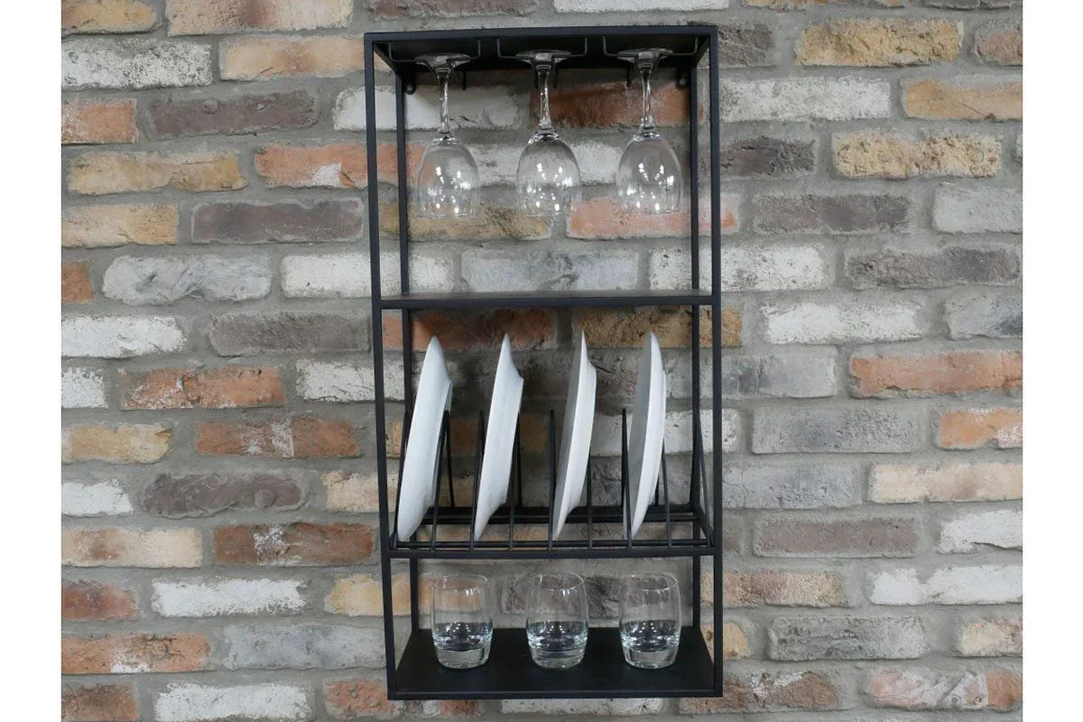 Metal wall mounted dish rack with wine glass holder and shelf for tumblers on brick wall