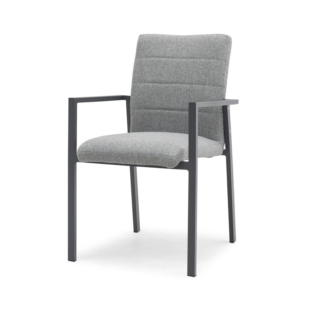 Grey fabric dining chair with black metal frame and armrests, front side view