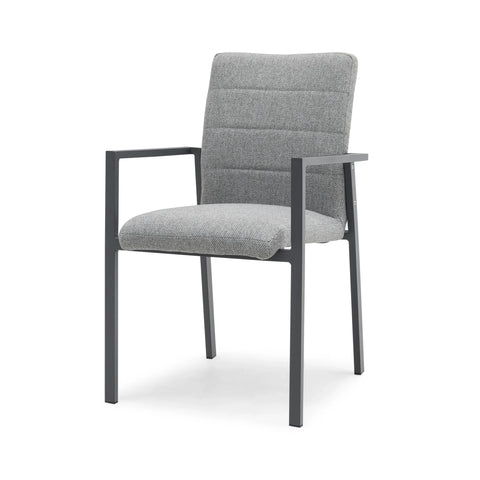 Grey fabric dining chair with black metal frame and armrests, front side view