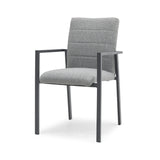 Grey fabric dining chair with black metal frame and armrests, front side view