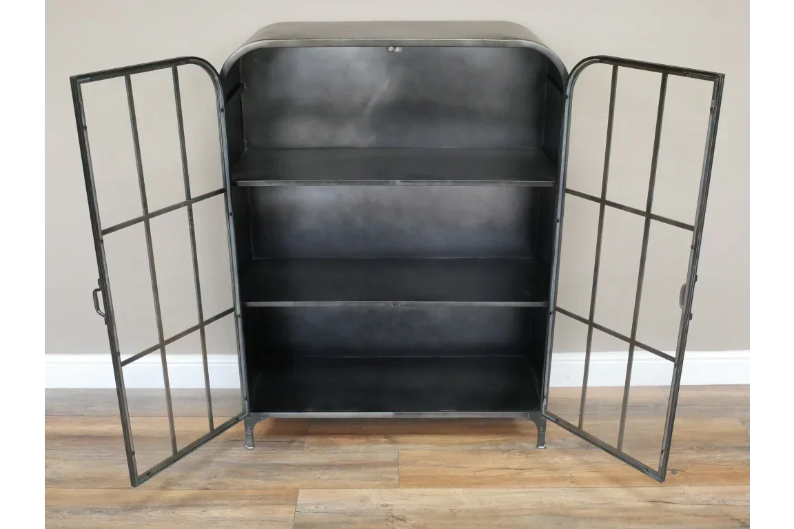 Black metal cabinet with glass panel doors and three shelves, open front view