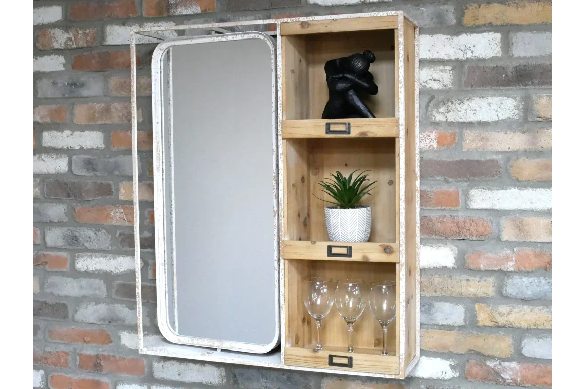 Wall mounted wooden display cabinet with shelving, mirror, plant, and wine glasses