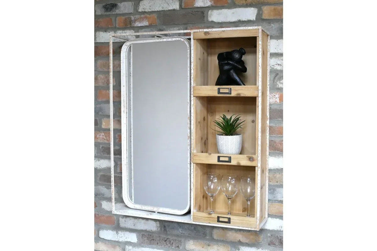Wall mounted wooden display cabinet with mirror, shelves, plant and glasses