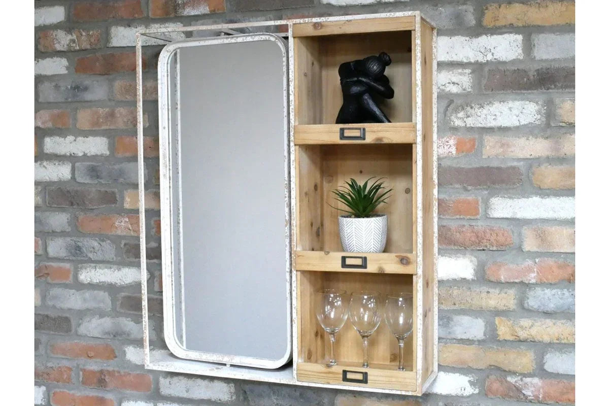 Rustic wall mounted storage cabinet with mirror, open shelves, and three wine glasses
